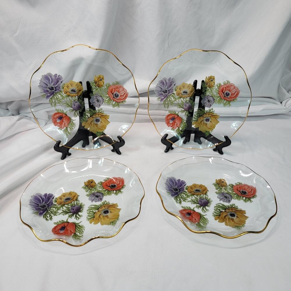 Chance Glass Anemone Floral 8" Luncheon Plates Set of 4 Scallop Edge Gold Rim